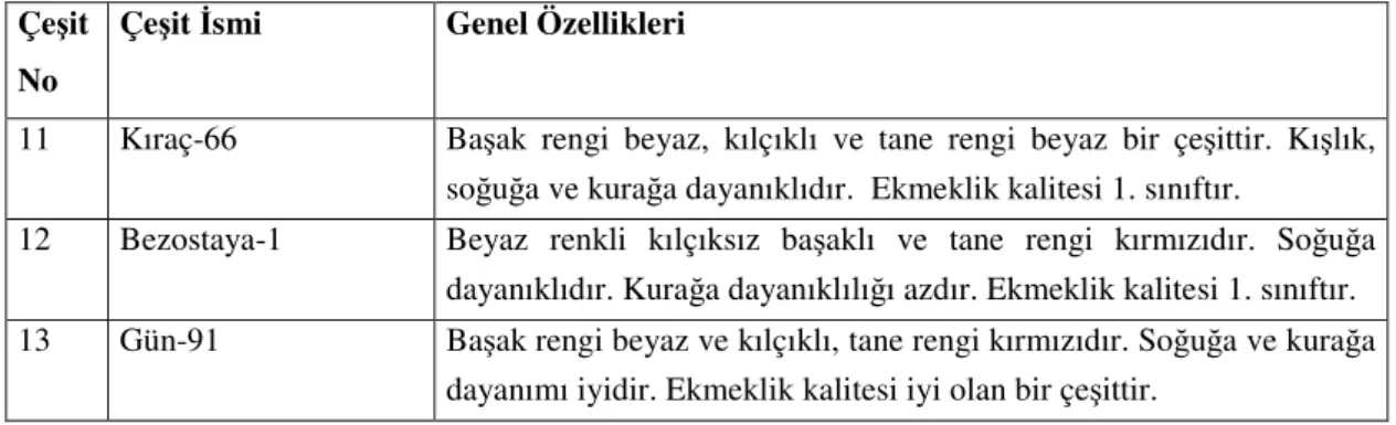 Çizelge  3.2.  Araştırmada  Tester  (Baba)  Olarak  Kullanılan  Çeşitlerin  Ad  ve  Numaraları  ile   Bazı Özellikleri 