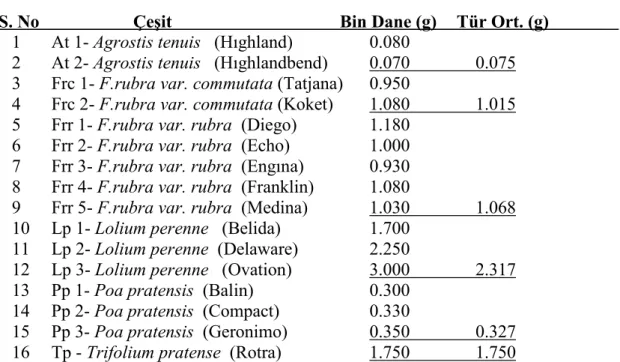 Çizelge 4.1. Çim Tohumlarının Bin Dane Ağırlıkları (g) 