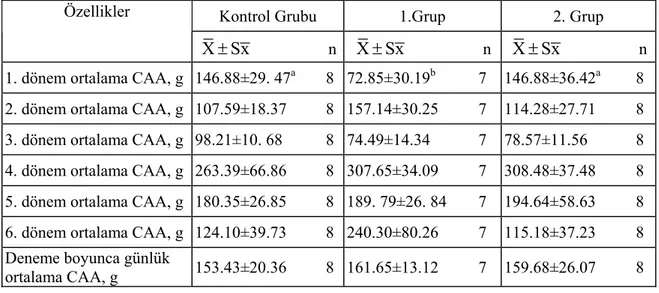 Çizelge 4.2. Deneme gruplarının farklı dönemlerdeki ve besi süresindeki  günlük ortalama ve toplam CAA ve standart hataları, g 