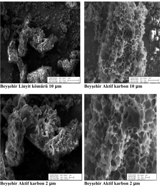 Şekil 4.10.3. Beyşehir linyit kömürü ve aktif karbonuna ait farklı boyutlarda çekilen  Sem Görüntüleri 