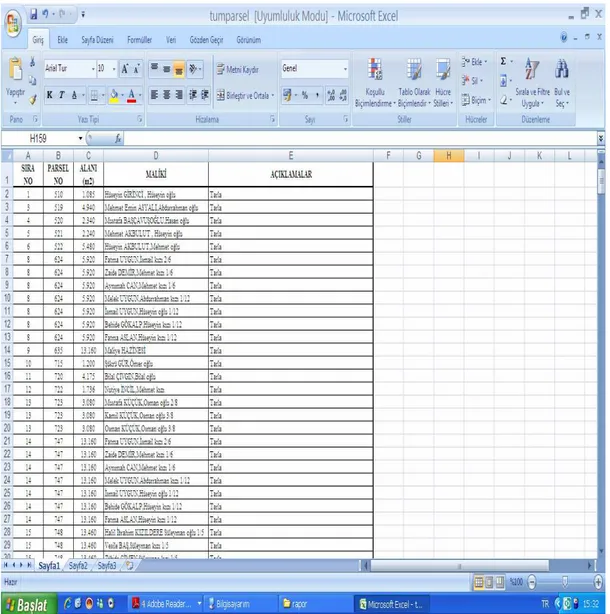 Şekil 4.7 Kadastro parsellerinin m.s. excel veri tablosu 