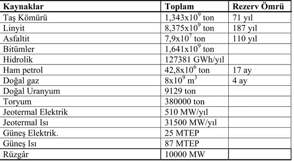 Çizelge 2.4. Türkiye’nin 2004 yılı itibariyle birincil enerji kaynakları rezerv miktar  ve ömürleri