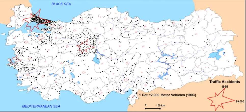 Şekil 3.6 Türkiye’deki motorlu araçları gösteren  nokta yoğunluk haritası (Uluğtekin ve ark