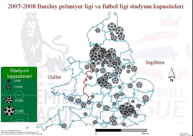 Şekil 3.8 İngiltere’deki stadyum kapasitelerini gösteren orantılı işaret ile hazırlanmış  tematik harita örneği