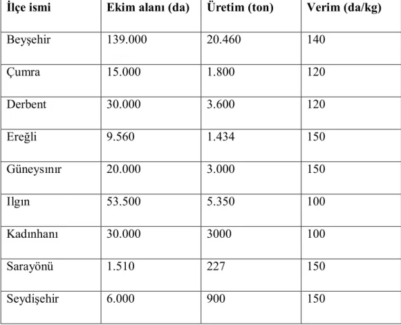 Çizelge 3.1. ‘de görülen sürvey alanında Konya ili sınırları içerisinde bulunan  Beyşehir  ilçesinin  2005  verilerine  göre  139.000  da.’lık  ekim  alanıyla,  toplam  ekim  alanlarının  %  28’ini  oluşturmaktadır