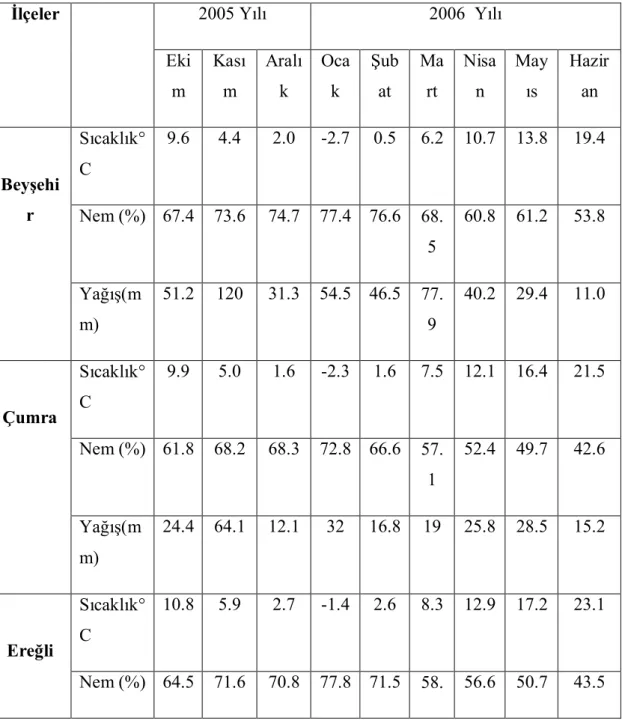 Çizelge 3.3. Konya’nın Bazı İlçelerinin 2005 ve 2006 Yıllarının Bazı Aylarına Ait  Aylık Ortalama Sıcaklık, Nem ve Yağış Değerleri.* 