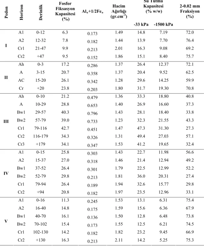 Tablo 4.5.  Çalışılan Profillerde Andik Özelliklere Ait İndeks Değerler 