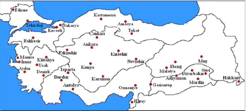 Şekil 3.1. Çalışmada kullanılan kültür nohutu tohumlarının alındığı illeri gösteren Türkiye haritası   