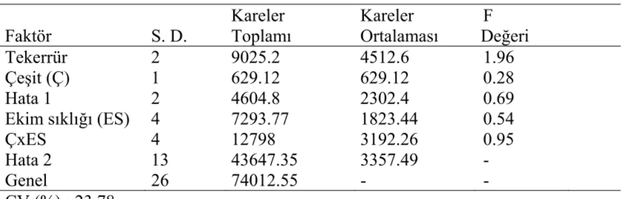 Çizelge 4.5. Farklı ekim sıklıklarında yetiştirilen Avcı 2002 ve Aydanhanım arpa          çeşitlerinde belirlenen m 2’ deki başak sayısına ilişkin varyans analiz          sonuçları                           Faktör S