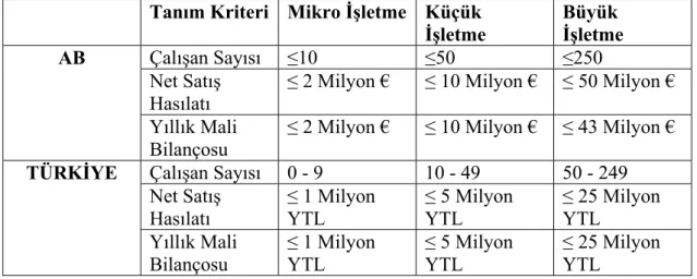 Tablo 1.  İşletmelerin Büyüklüklerine Göre Sınıflandırılması   Tanım Kriteri Mikro İşletme Küçük 