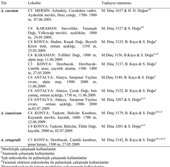 Tablo 3. Çalışmada kullanılan Allium cassium Boiss., A. isauricum Hub.-Mor. ve A. 