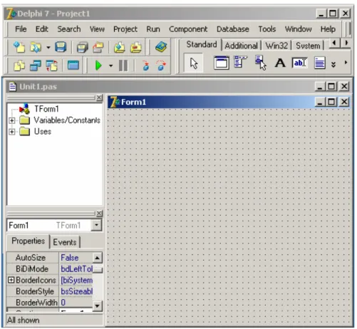 Şekil 2.1 Delphi programının ana menüsü  Delphi genel olarak 4 bölümden oluşur. Bunlar: 