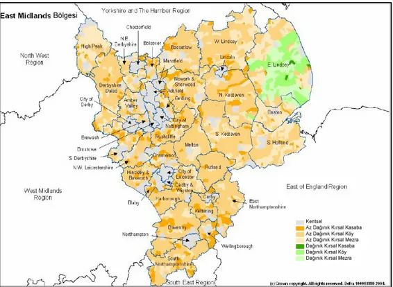 Şekil 5.5 East Midlands Bölgesinde Kırsal ve Kentsel Alanlar (URL 34) 
