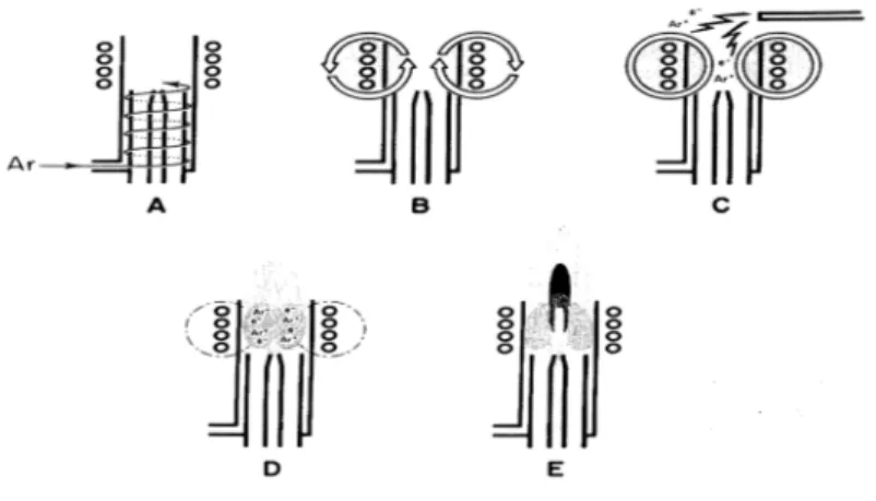 Şekil 1.4.    Plazma oluşum basamakları (Boss ve Fredeen 1999) (A) Argon gazı hamlaç   içersinde dairesel akar (B) Yükleme bobinine RF uygulanır (C) Bir kıvılcım   akan argon içinde serbest elektronlar oluşturur (D)RF tarafından  hızlandırılan serbest elek