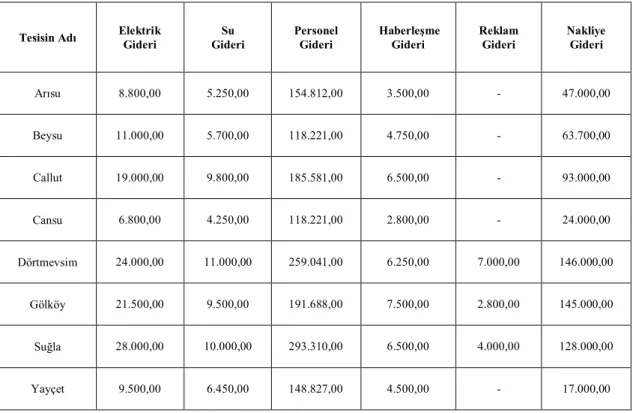 Tablo 4.6 Tesislerin Bazı Gider Kalemlerinde Yapmış Oldukları 2004 Yılına ait Harcama Miktarları (YTL).