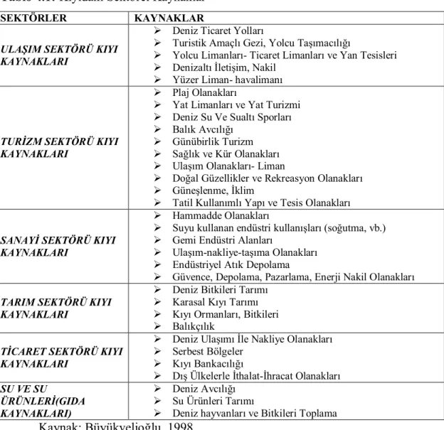 Tablo 4.1: Kıyıdaki Sektörel Kaynaklar