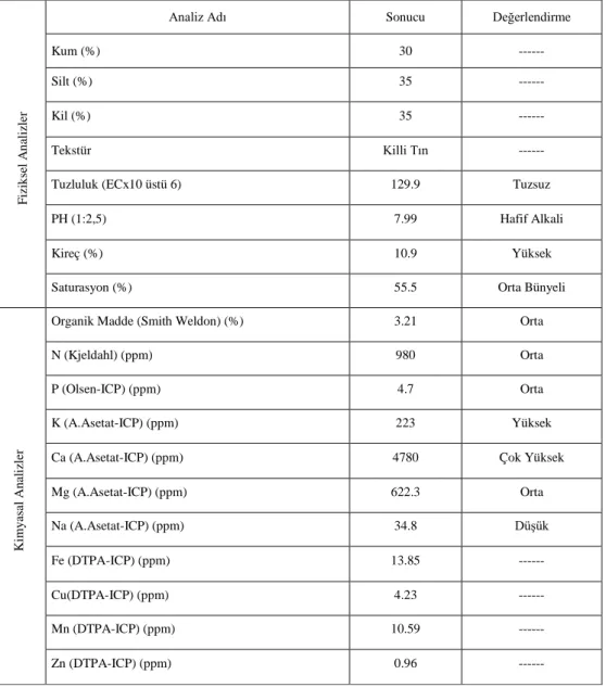 Çizelge 3.1.  Deneme parselinin toprak analiz sonuçları (0-30 cm) 