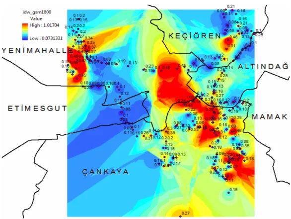 Şekil 5.5 IDW ile GSM1800 baz istasyonlarına ait E değerleri 