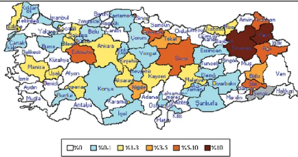 Şekil 1.2. Sığırlarda bruselloz prevalansı 2000 (Đyisan ve ark. 2000). 