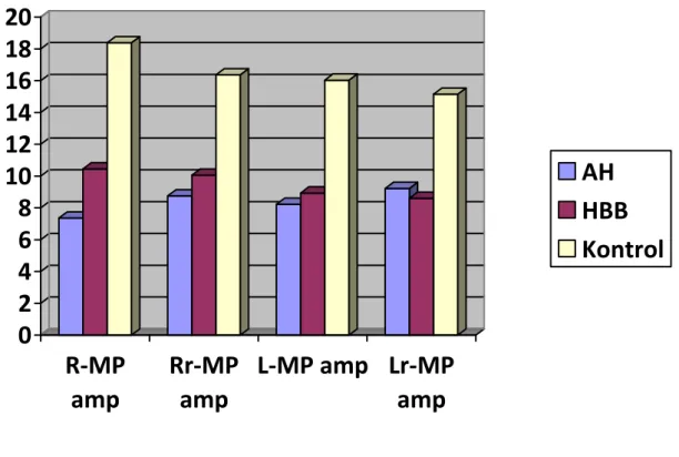 Grafik 2: AH, HBB ve kontrol grubunda sağ el rastgele, sağ el sayı saydırılırken, sol el  rastgele, sol el sayı saydırılırken tetikleme ile oluşan MP amplitüdü dağılımı 