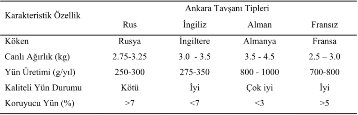 Çizelge 2.2, Yün üreten önemli Ankara Tavşanı tiplerinde karakteristik özellikler 