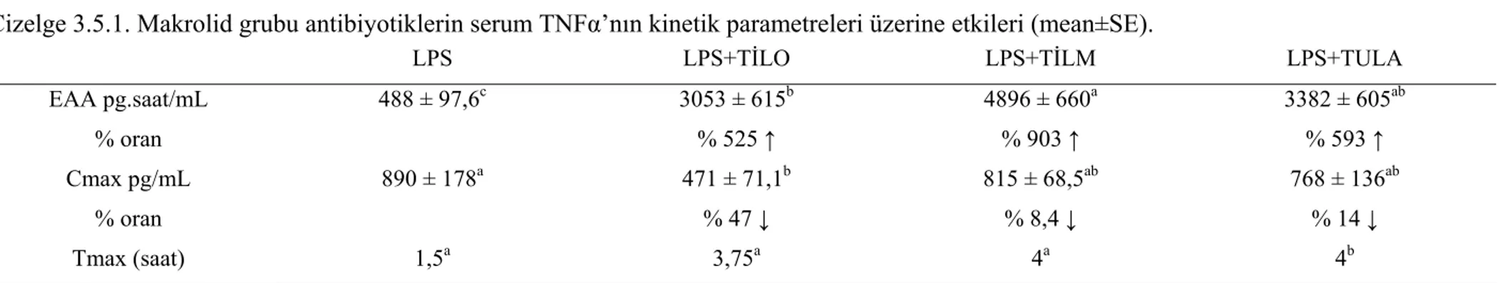 Çizelge 3.5.1. Makrolid grubu antibiyotiklerin serum TNFα’nın kinetik parametreleri üzerine etkileri (mean±SE)