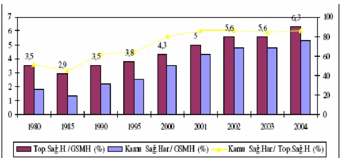 Şekil 2.2  Türkiye’ de Sağlık Harcamaları (1980–2004)                