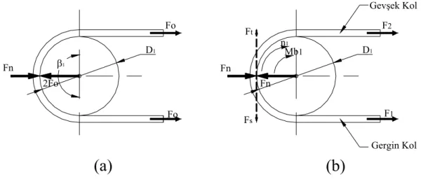 Şekil 3.6. Kayış kasnak mekanizmasında kayış kollarında oluşan kuvvetler       (a)Durgun halde  (b)Çalışma halinde 