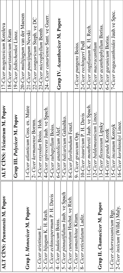 Çizelge 2.1. Cicer cinsine ait türler    ALT CĐNS: Peunonosis M. Popov Grup I. Monocicer M