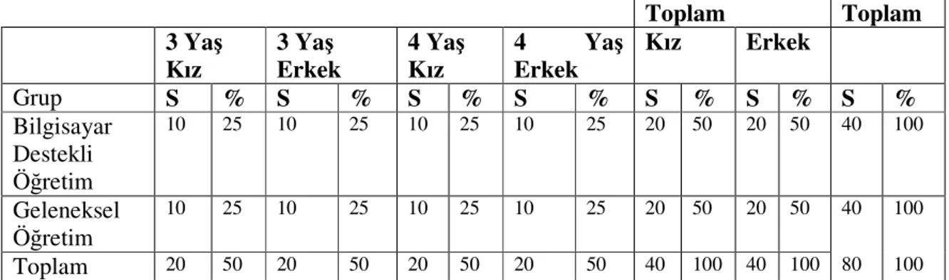 Tablo  1  araştırmaya  katılan  çocukların  yaş  ve  cinsiyete  göre  dağılımını,  tablo  2-7  grupların Renk Değerlendirme Çizelgesi sonuçlarını göstermektedir