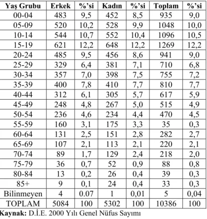 Tablo 18. Sarayönü İlçe Merkezinde Şehirsel Nüfusun Dar Aralıklı Yaş ve   Cinsiyet Yapısı (2000) 