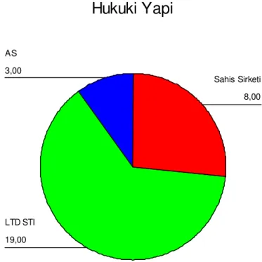 Tablo  3  incelendiğinde;  araştırma  kapsamına  giren  işletmelerin  hukuki  yapılarının  %10’nun  Anonim  Şirket  oldukları,  %26,7’sinin  Şahıs  Şirketi  oldukları, 