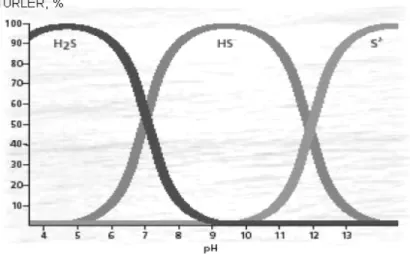 Şekil I.2. de görüldüğü gibi düşük pH değerlerinde sülfür hidrojen sülfür halinde  bulunmaktadır (Öztürk 2006)
