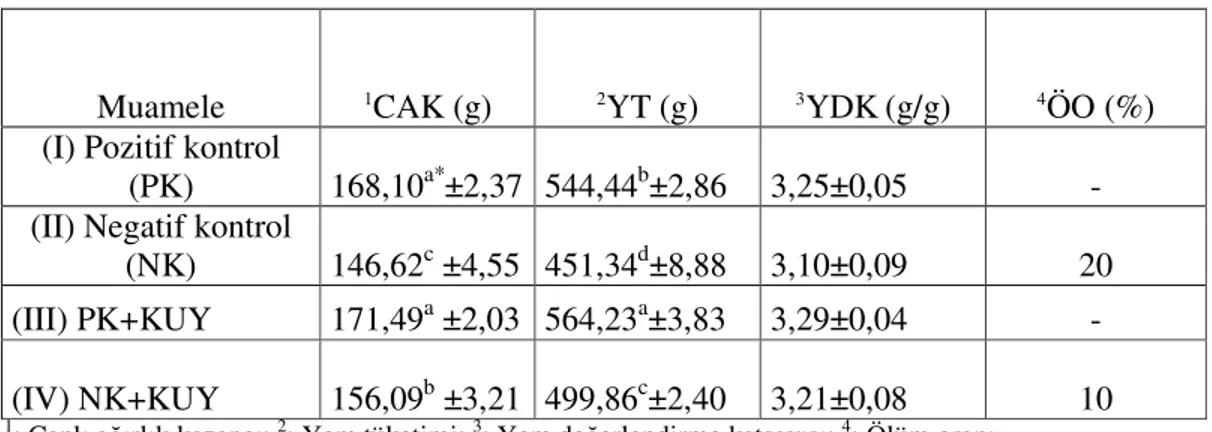 Çizelge 4.6. Besiye alınan bıldırcınlarda deneysel aflatoksikosise karşı kekik uçucu yağı  (KUY) ilavesinin performans özelliklerine etkileri  