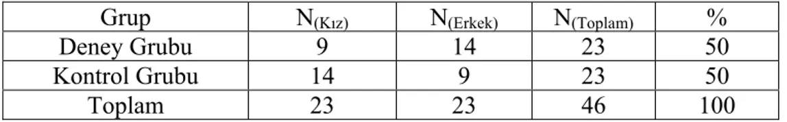 Tablo 3.9.1: Deney ve kontrol grubundaki öğrencilerin sınıf mevcutlarına göre dağılımları 