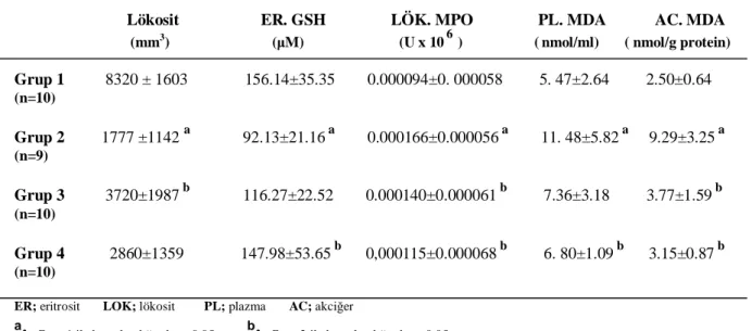 Tablo 1.Deneklerin lökosit, eritrosit GSH, , lökosit MPO, plazma ve akciğer doku MDA  ortalama ve standart sapma değerleri