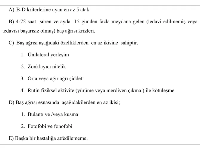 Tablo 2. Aurasız migren için  IHS kriterleri. 