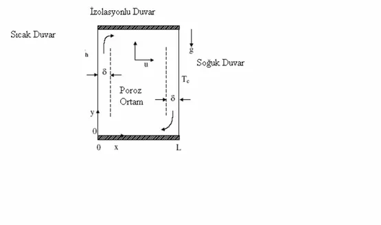 Şekil  2.1  İki  boyutlu  akış  için  poroz  ortamda farklı  sıcaklıktaki  yüzeylerde  sınır  tabaka değşiimi modellemesi (Bejan ,1984) 