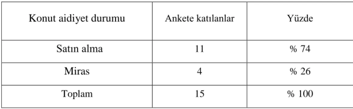 Çizelge 3.5: Ankete katılanların konutlarının aidiyet durumu 