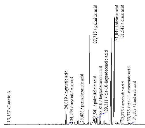 ġekil 4.5. Koyun kabuk yağında bulunan yağ asitlerine ait pikler ve bu piklere   ait alıkonma sürelerinin  (retention time) gösterildiği kromatogram 