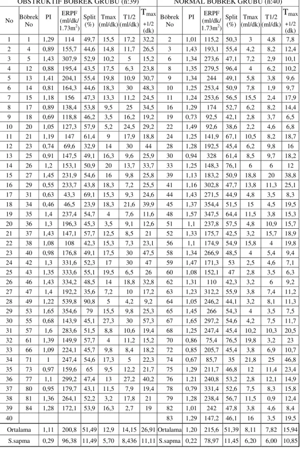 Tablo 5:  99m Tc-MAG 3 çalışmasında obstrüktif ve normal grup böbreklerin PI, ERPF, Split,        T max , T 1/2  ve T max+1/2   kantitatif fonksiyon değerleri 