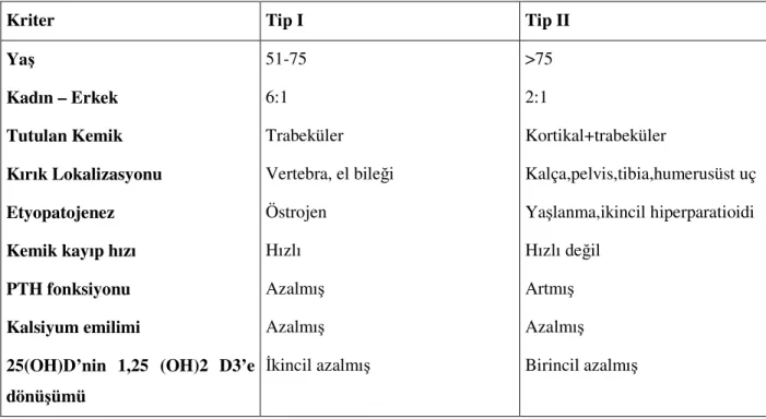 Tablo 2.2. Tip I ve Tip II Osteoporoz Arasındaki Farklılıklar 