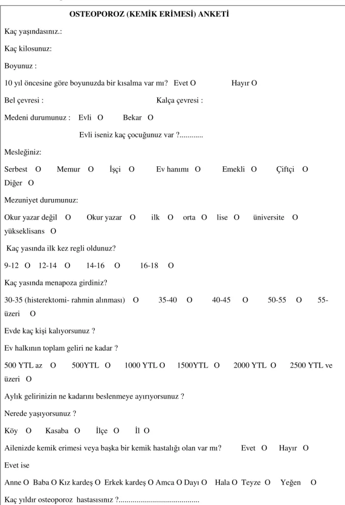 Şekil 3.1. Osteoporoz Anket Soruları 