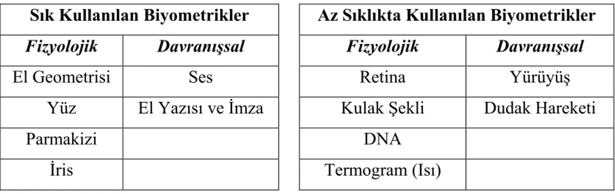 Tablo 3.1 Biyometrik tanımada kullanılan özellikler 