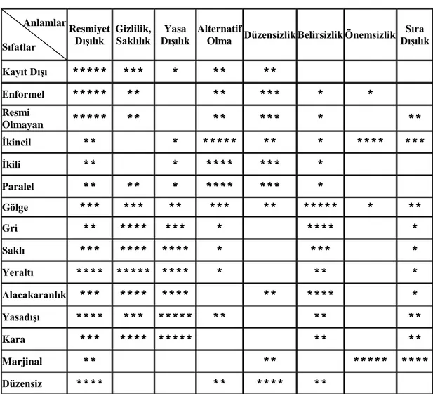 Tablo 1. Kayıt dıĢı Ekonomi Kavramları ve Olası Anlamları Matrisi  