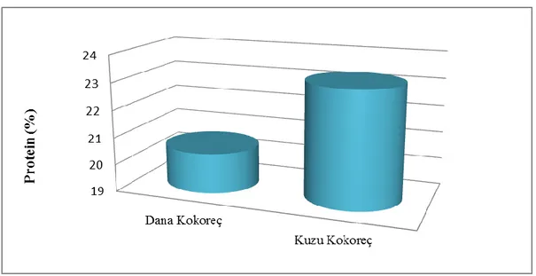 Şekil 4.1. Dana ve kuzu kokoreç örneklerine ait ortalama protein miktarları 