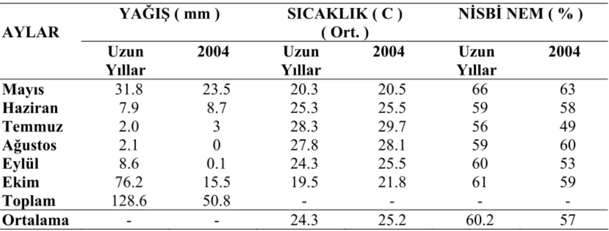Çizelge 3.1. Antalya İlinde Soya Yetiştirme Dönemi ( Mayıs-Ekim) İçersinde 2004  Yılı  İle Uzun Yıllar (1975-2004) Ortalamasına Ait Bazı Meteorolojik  Değerler  YAĞIŞ ( mm )  SICAKLIK ( C )  ( Ort
