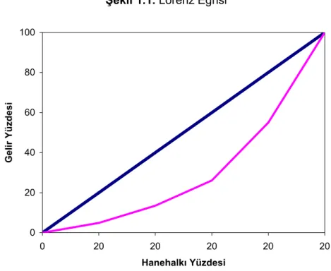 Şekil 1.1. Lorenz Eğrisi 020406080100 0 20 20 20 20 20 Hanehalkı YüzdesiGelir Yüzdesi