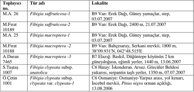 Çizelge 3.1. Moleküler çal mada kullan lan örneklerin ad , toplay  numaras  ve lokalite bilgileri