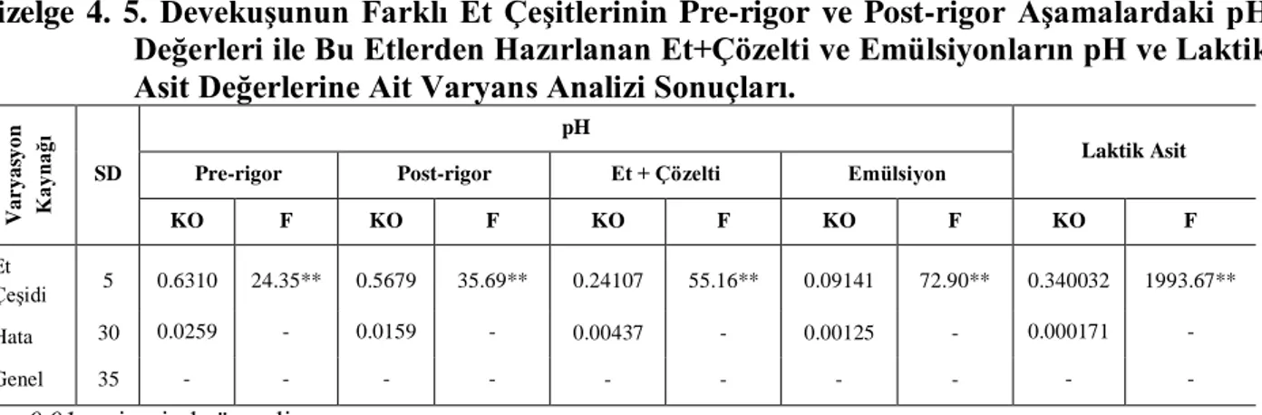 Çizelge  4.  6’dan  da  görüldüğü  gibi,  prerigor  aşamada  et  pH’ları  postrigor  aşamaya göre daha yüksektir